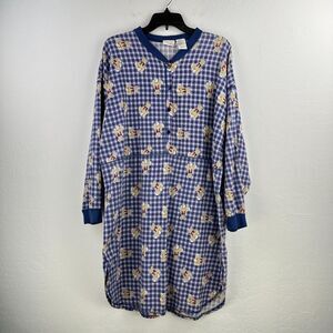 Vtg Simply Basic Pajama Womens XL Blue Bear Plaid Cotton Long Sleeve Nightgown‎